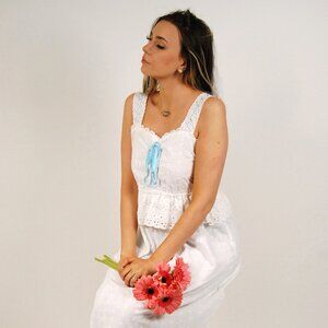 60s Eyelet Corset Dress (M) blue ribbon medium midi cottagecore cottage prairie